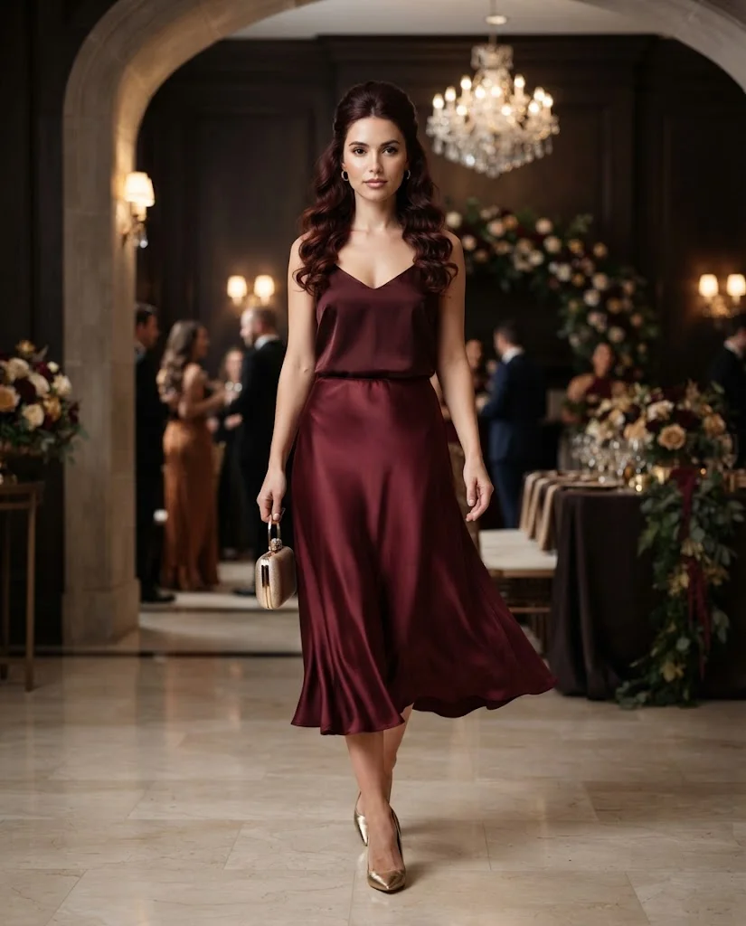 women wearing Burgundy Satin Skirt With a Silk Camisole