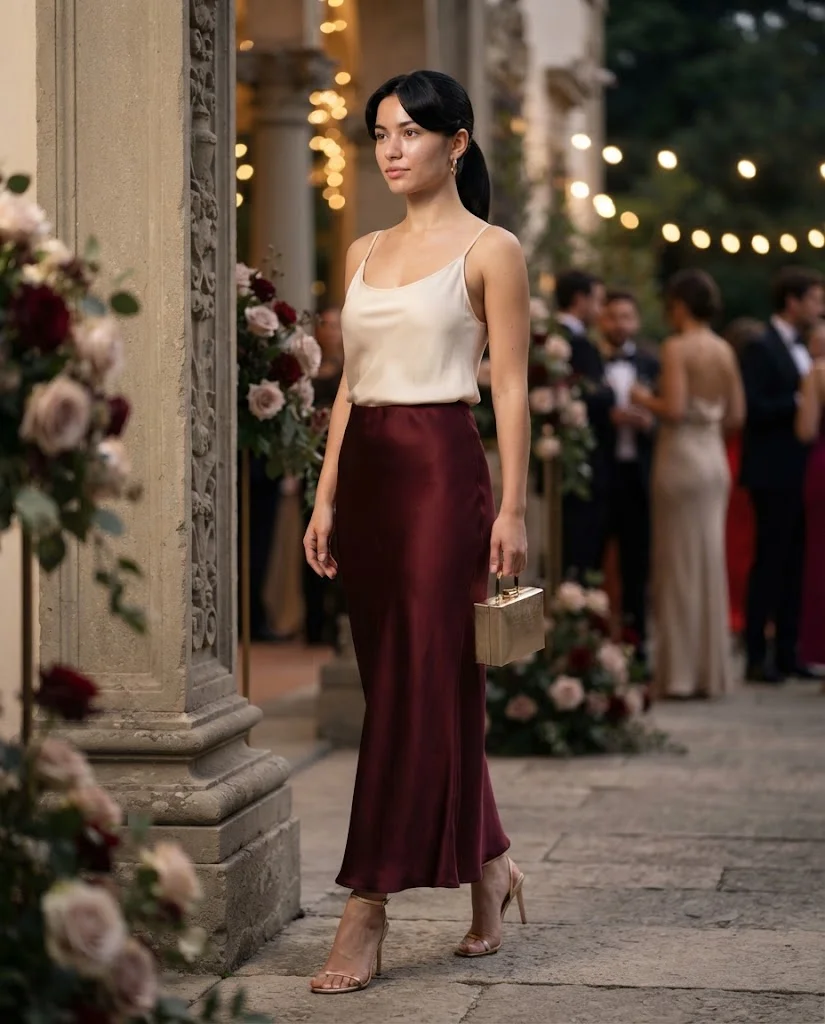women wearing Burgundy Satin Skirt With a Silk Camisole