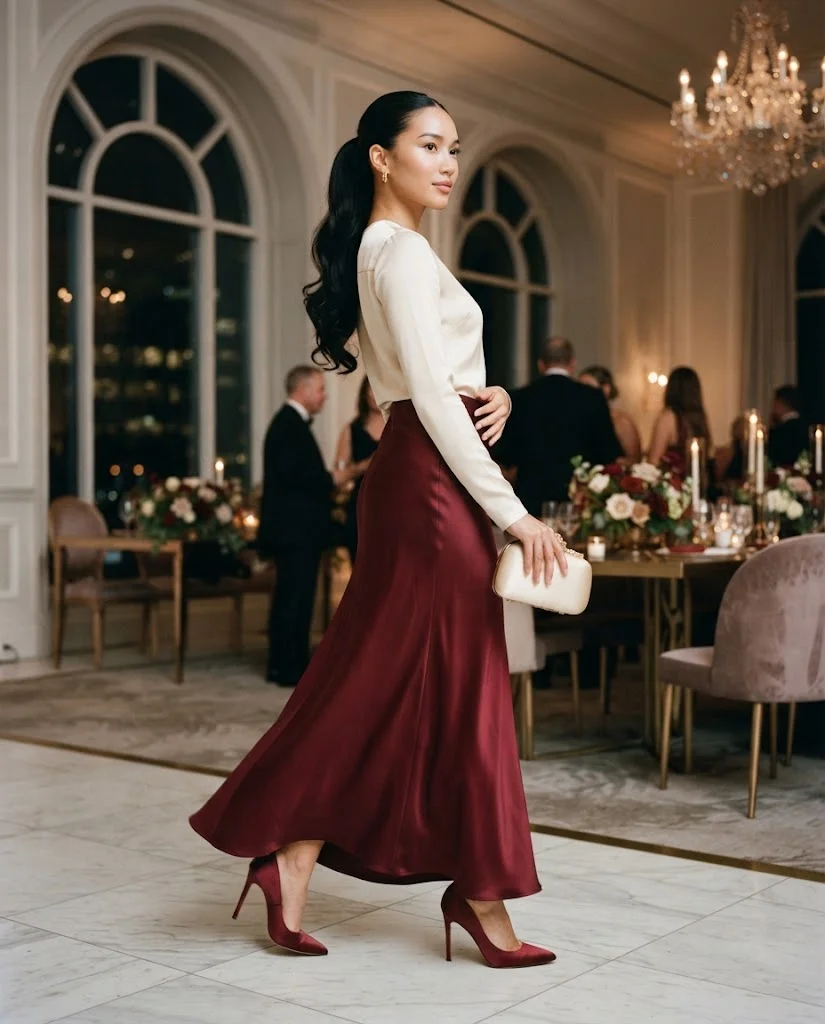 Burgundy Satin Skirt with a Cream Fitted Top, a classy and elegant wedding guest outfit for women