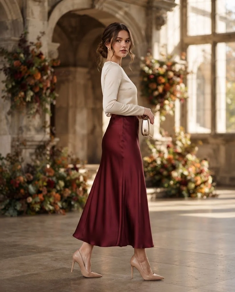 Burgundy Satin Skirt with a Cream Fitted Top, a stylish petite wedding guest outfit for women