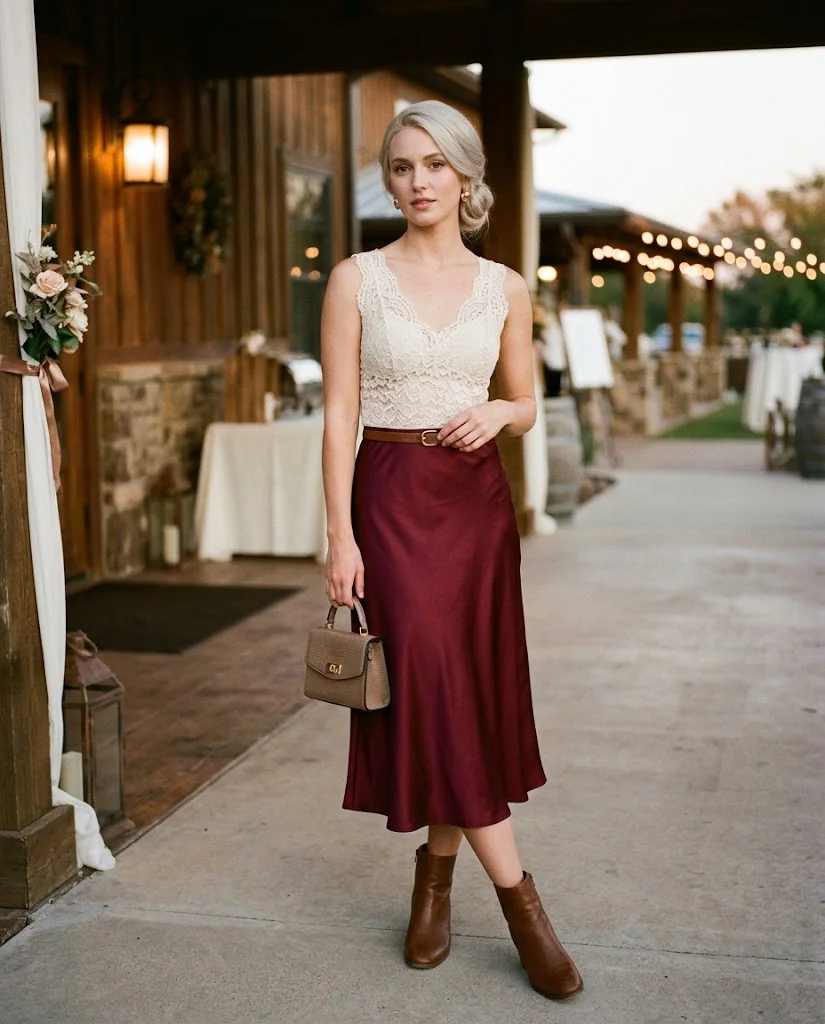 Burgundy Satin Skirt with a Cream Lace Top, a stylish western wedding guest outfit for women