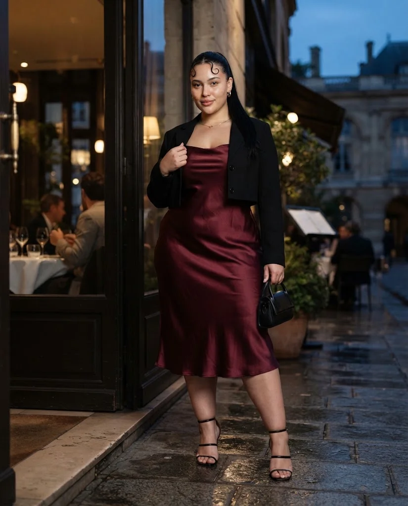 Burgundy Satin Slip Dress With a Cropped Jacket Plus Size Date Night Outfit