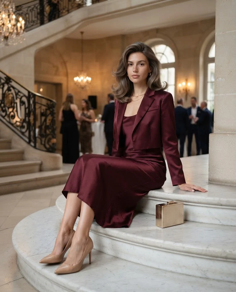 women wearing Burgundy Satin Slip Dress With a Cropped Jacket