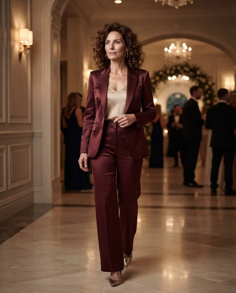 Chic Formal Wedding Guest Outfits for Women Over 50: 20+ Elegant Ideas 16 Burgundy Satin Suit with Silk Camisole, a formal wedding guest outfit for women over 50