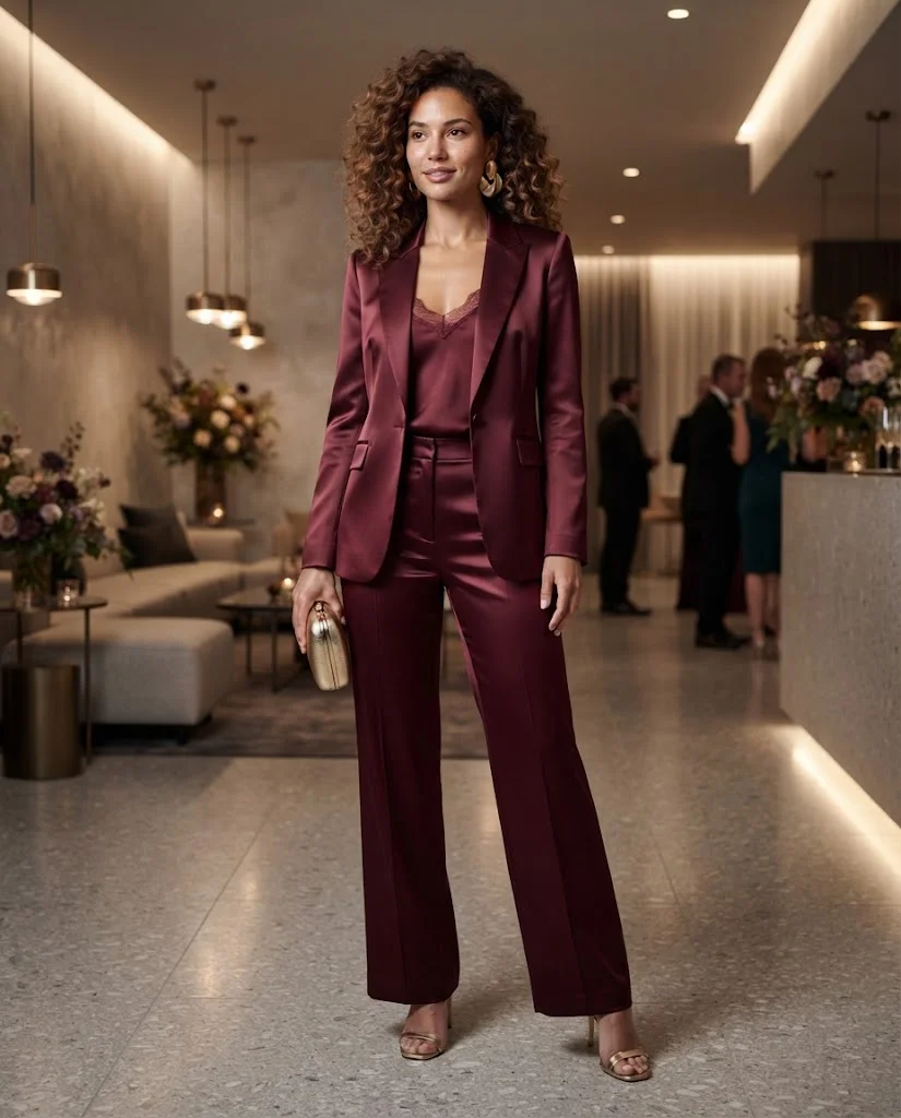 women wearing Burgundy Satin Suit With Silk Camisole