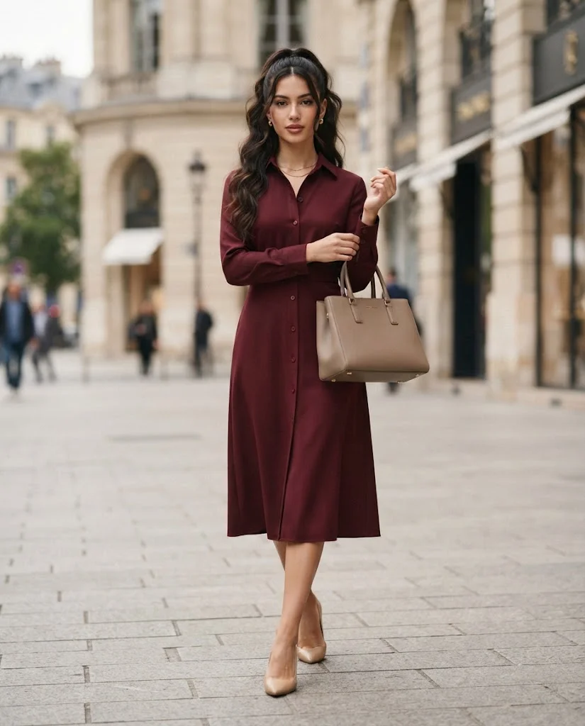 women wearing Burgundy Shirt Dress With Neutral Accessories