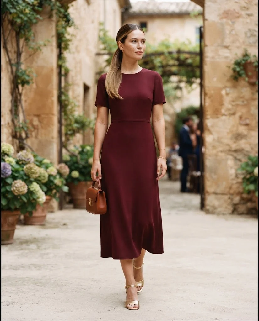 women wearing Burgundy Short-Sleeve Midi Dress