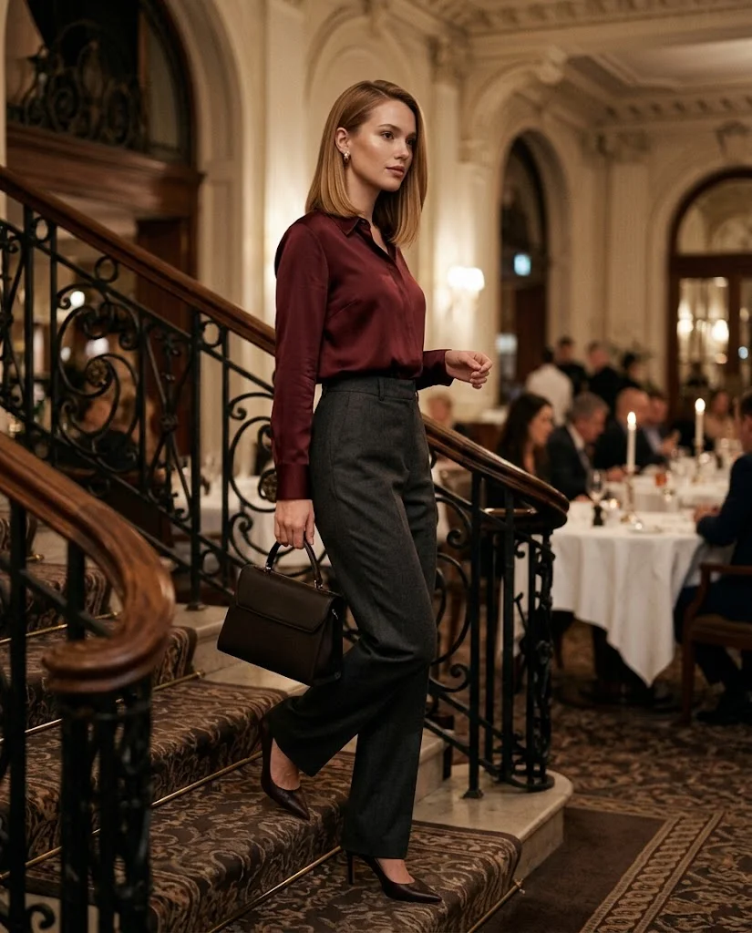 Burgundy Silk Blouse with Tailored Trousers, an elegant old money fall dinner outfit for women