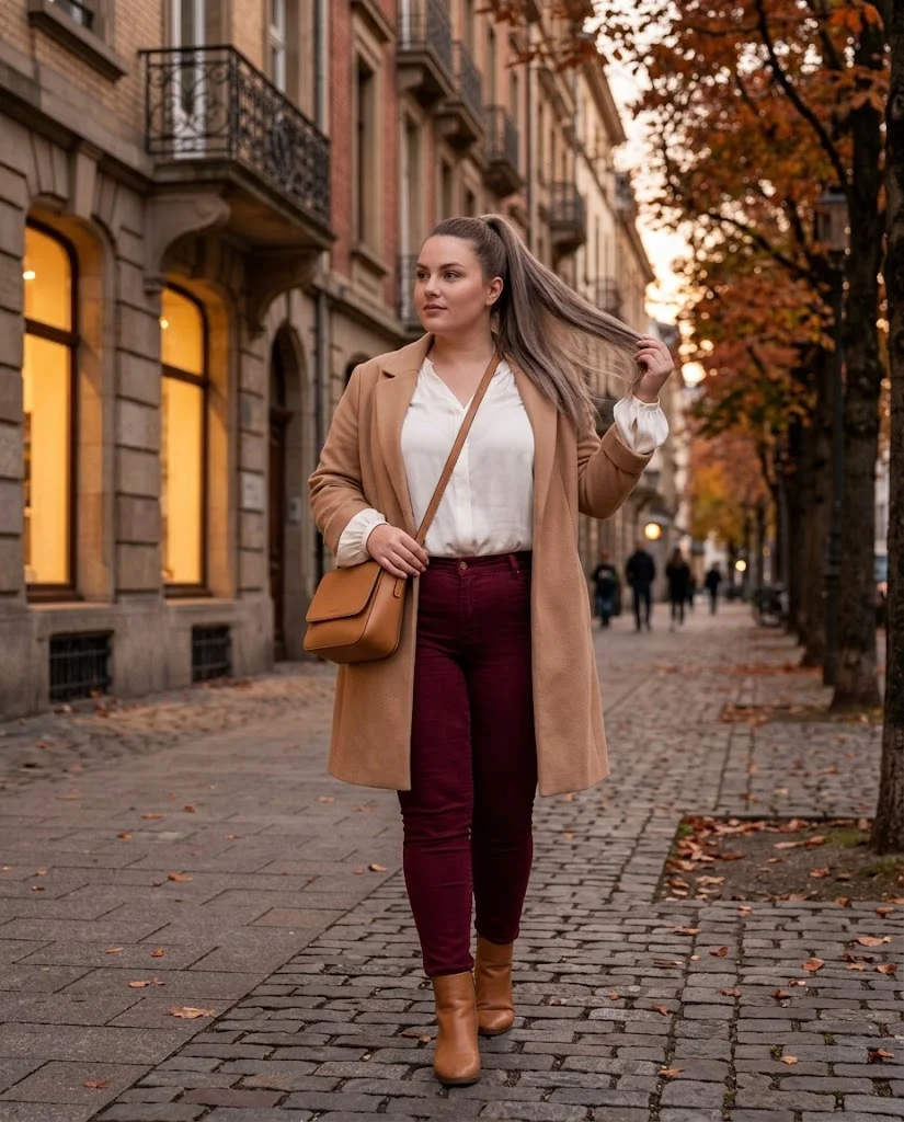 Burgundy Skinny Jeans With an Ivory Blouse Plus Size Fall Date Night Outfit
