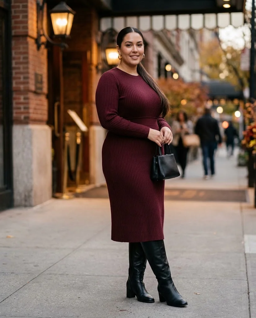 Burgundy Sweater Dress With Knee-High Boots Plus Size Fall Date Night Outfit