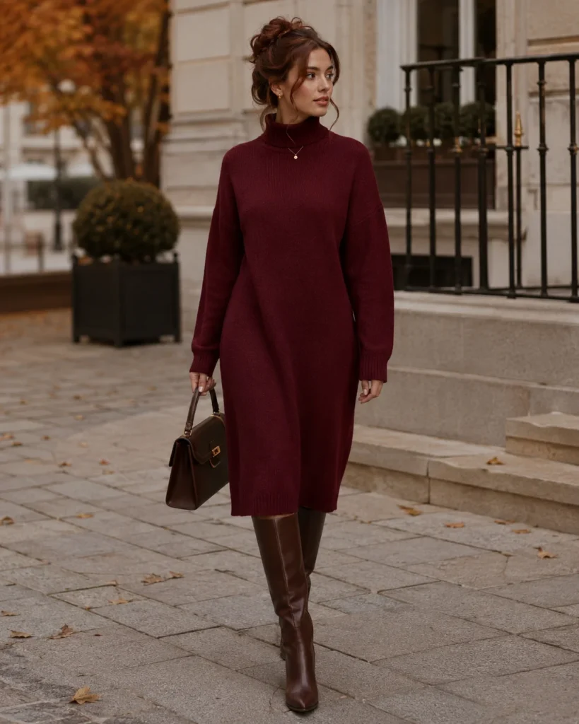 women wearing Burgundy Sweater Dress With Knee-High Boots