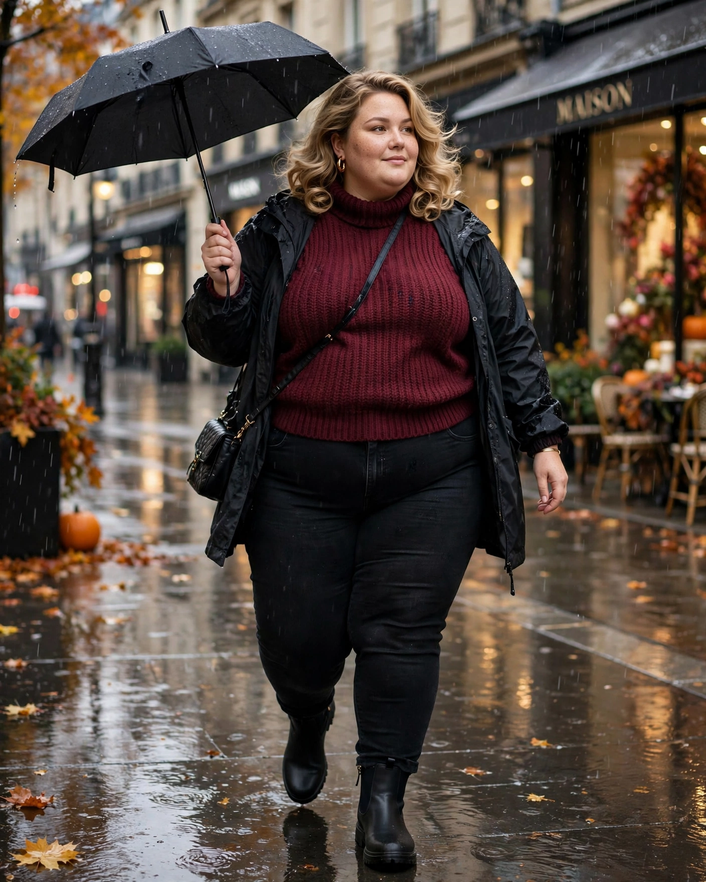 Burgundy Sweater With Black Jeans and a Rain Jacket Plus Size Rainy Fall Outfit