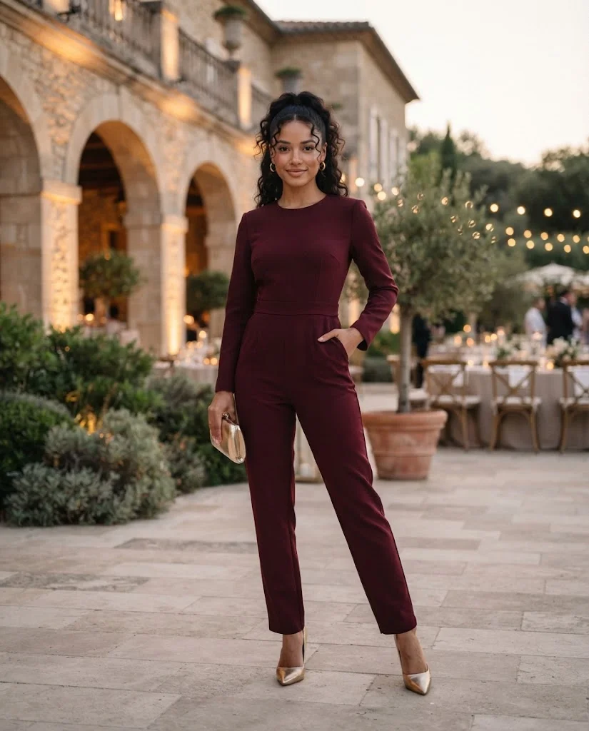 Burgundy Tailored Jumpsuit with Pointed-Toe Heels, a stylish petite wedding guest outfit for women
