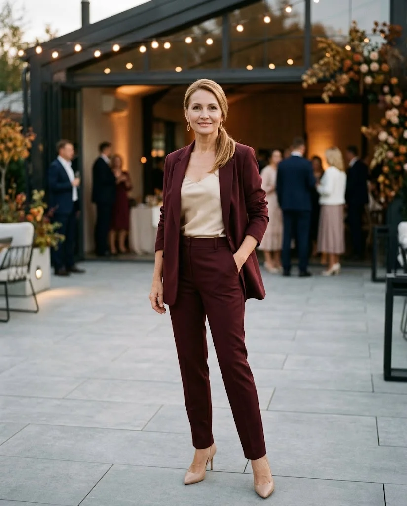Burgundy Tailored Suit with Silk Camisole, a fall wedding guest outfit for women over 50
