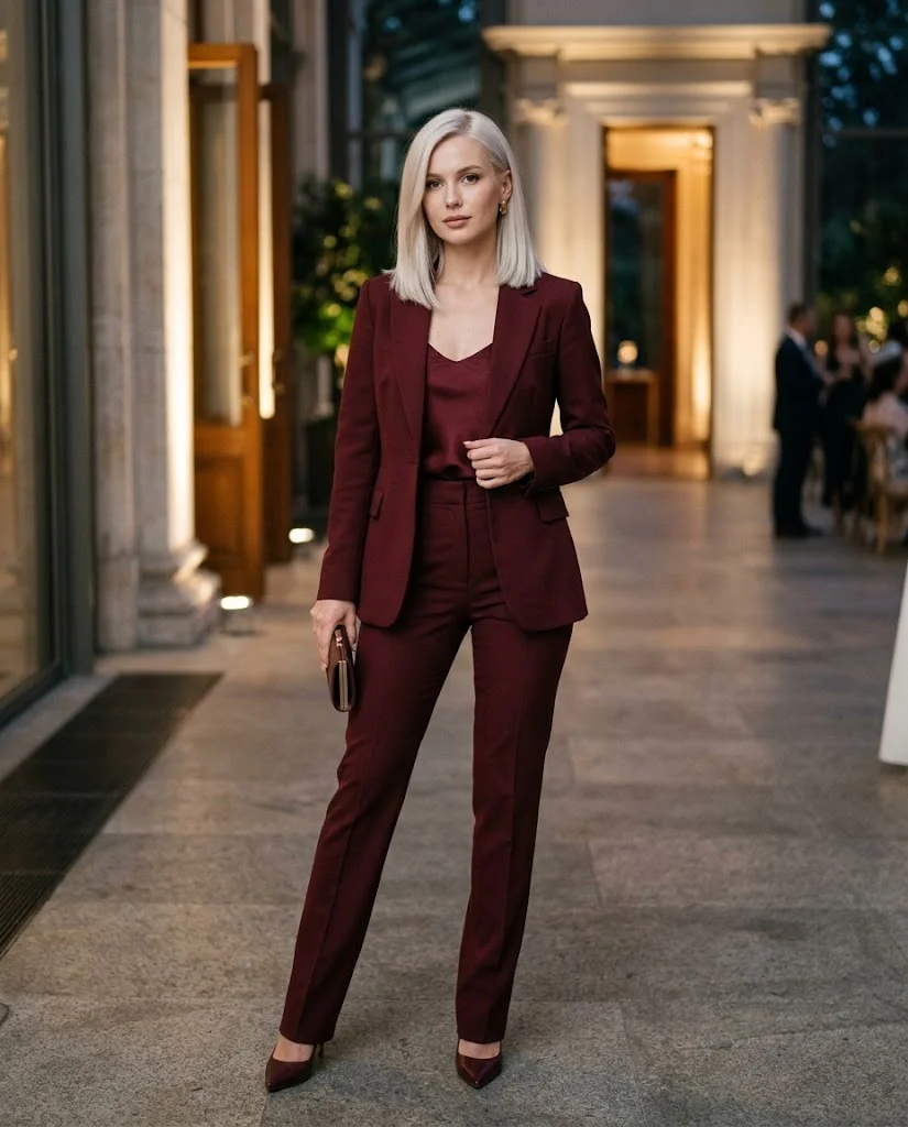 women wearing Burgundy Tailored Suit With a Silk Camisole