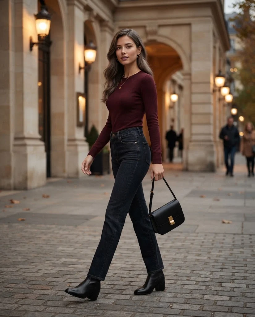 women wearing Burgundy Top With Dark-Wash Denim
