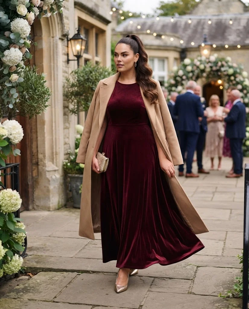 women wearing women wearing Burgundy Velvet Maxi Dress With a Long Coat