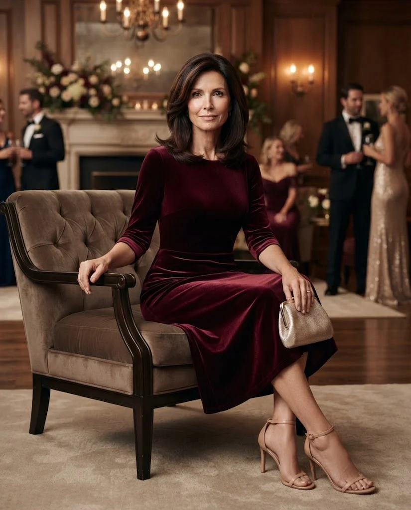 Chic Formal Wedding Guest Outfits for Women Over 50: 20+ Elegant Ideas 4 Burgundy Velvet Midi Dress with Nude Heels, a formal wedding guest outfit for women over 50