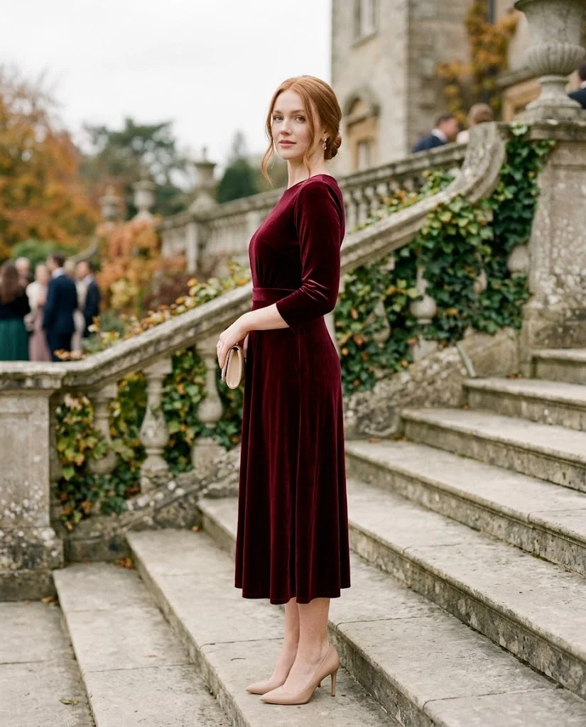 women wearing Burgundy Velvet Midi Dress With Nude Heels