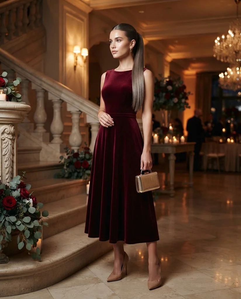 Burgundy Velvet Midi Dress with Nude Pumps, a classy and elegant wedding guest outfit for women