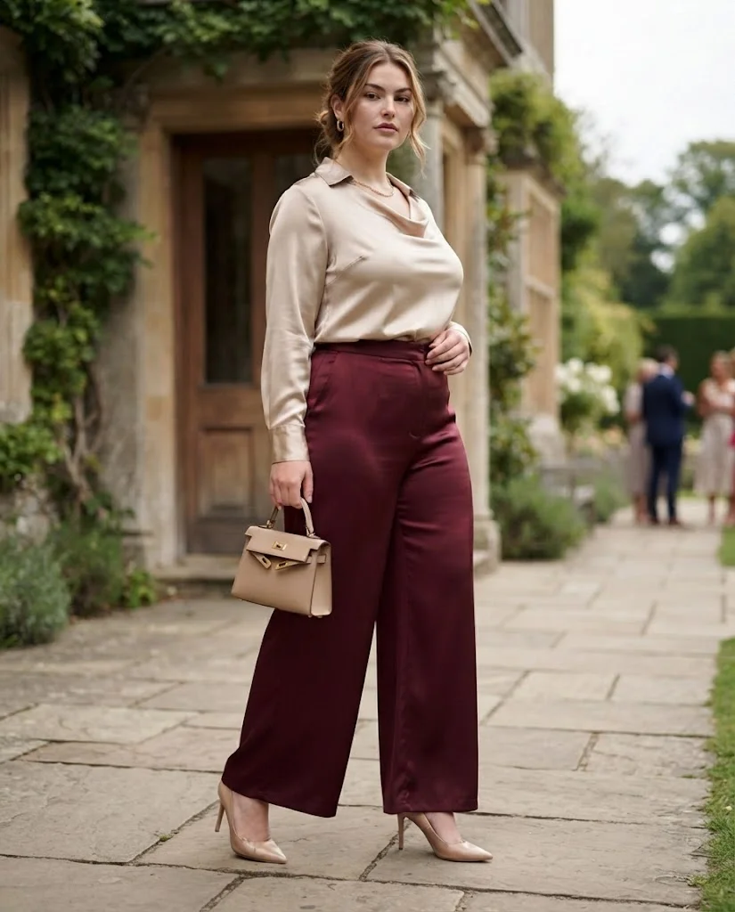 women wearing Burgundy Wide-Leg Pants With a Nude Blouse
