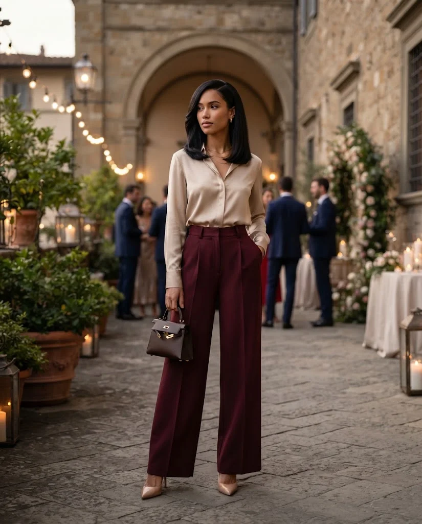 women wearing Burgundy Wide-Leg Trousers With a Nude Blouse