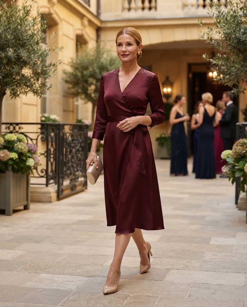 Burgundy Wrap Dress with Nude Pumps, a semi-formal wedding guest outfit for women over 50