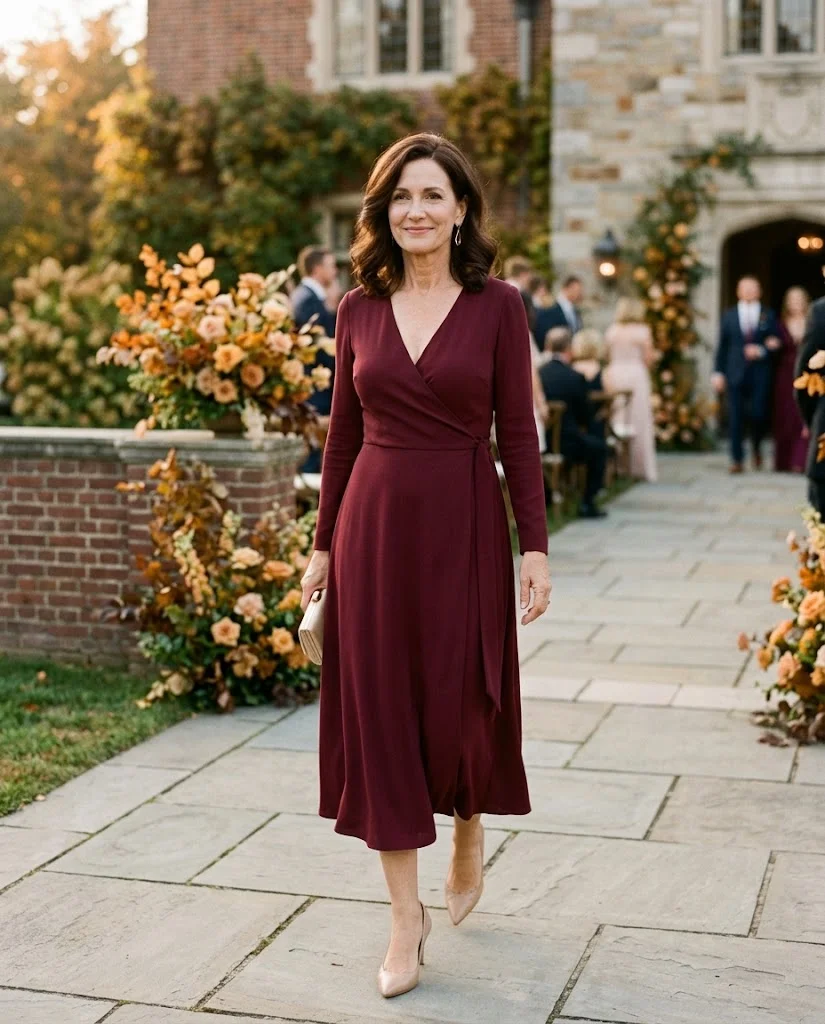 Burgundy Wrap Midi Dress with Nude Heels, a fall wedding guest outfit for women over 50