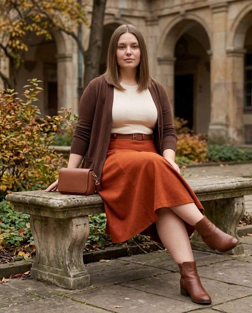 Burnt Orange Midi Skirt With a Chocolate Cardigan Plus Size Thanksgiving Outfit