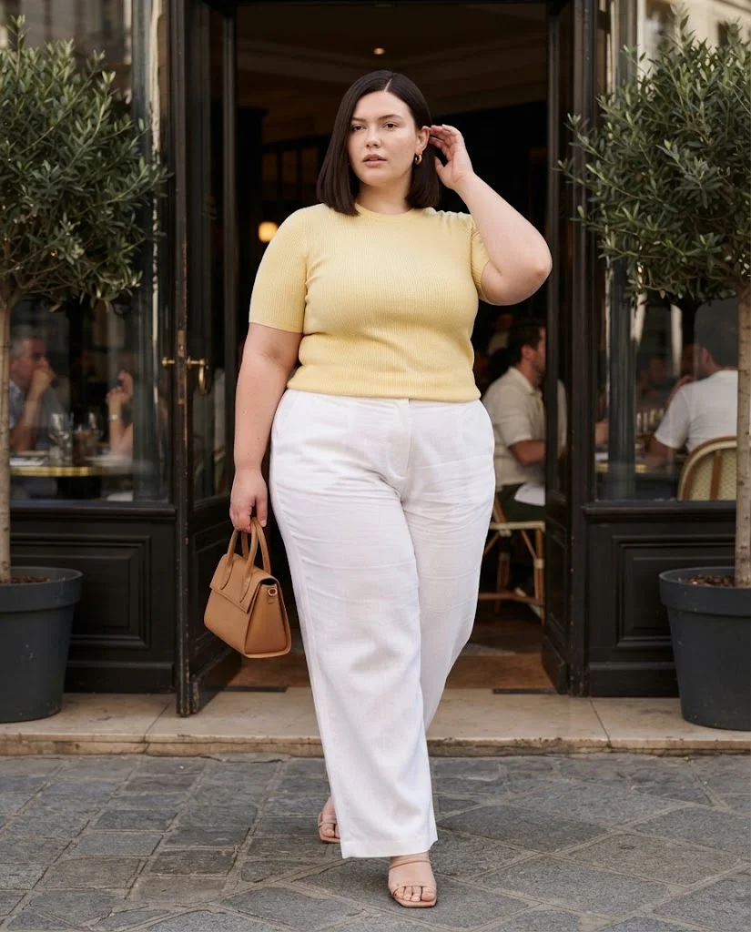 Plus Size Brunch Outfits for Women: 15 Stylish Ideas 5 Butter Yellow Knit Top With White Wide-Leg Pants Plus Size Brunch Outfit
