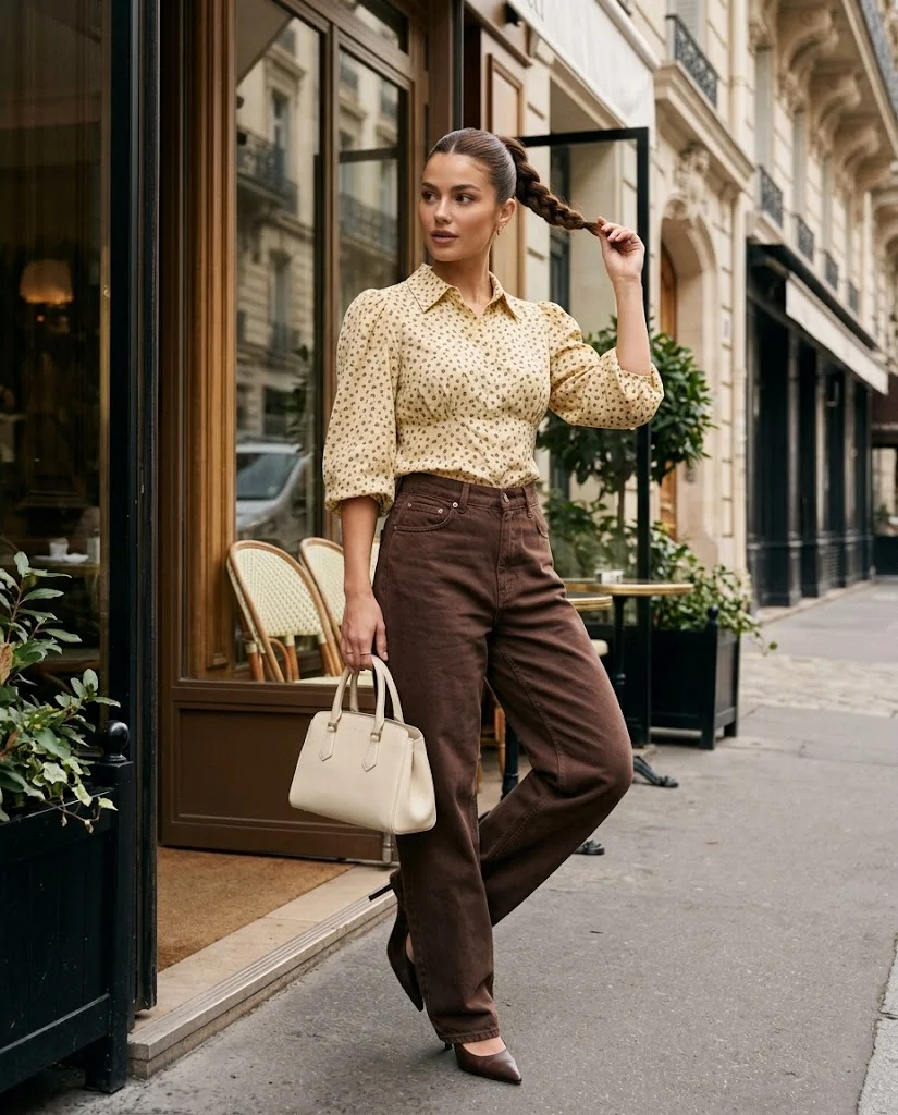 Early Fall Outfits for Women: 20+ Elegant Old Money Ideas 21 Butter-Yellow Printed Blouse with Chocolate Baggy Jeans, an elegant old money early fall outfit for women