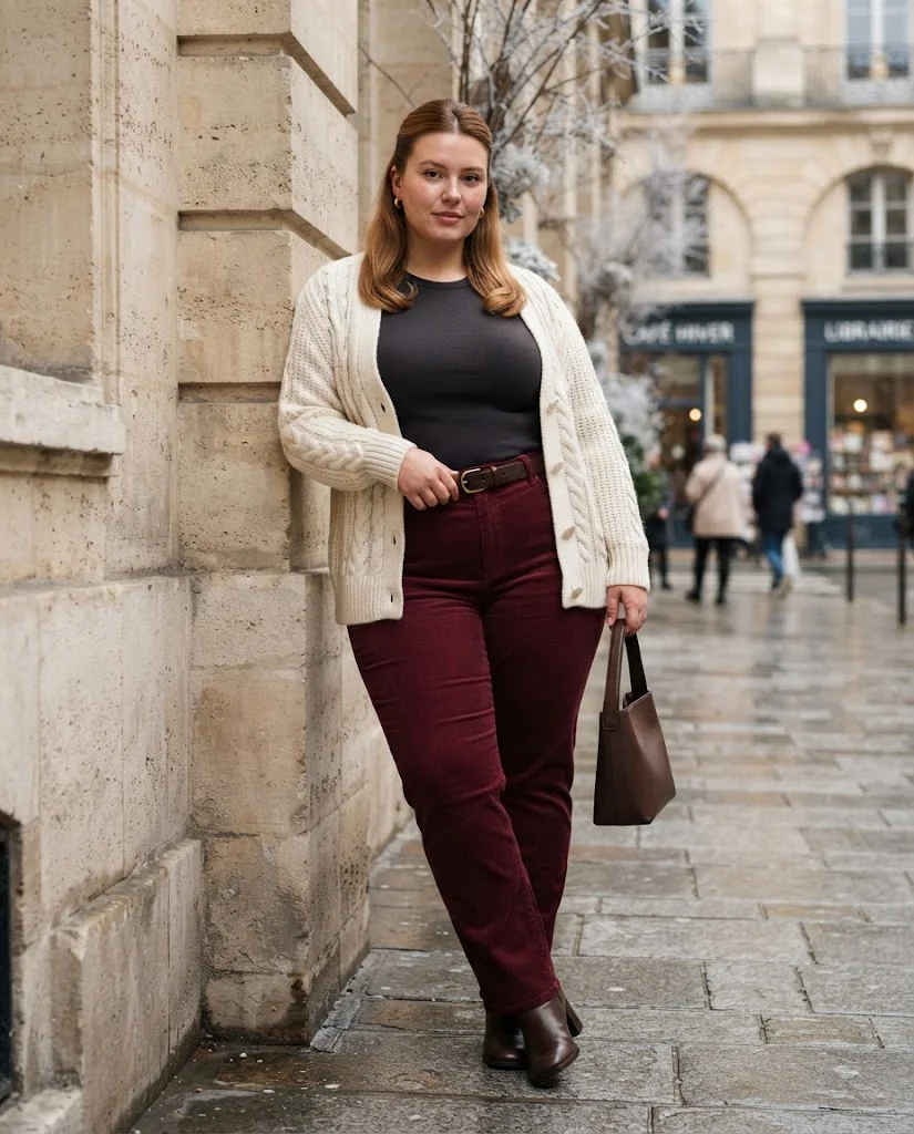 Plus Size Winter Outfits for Women: 15 Warm and Stylish Ideas 15 Cable-Knit Cardigan With Corduroy Trousers, a cozy plus size winter outfit idea for women