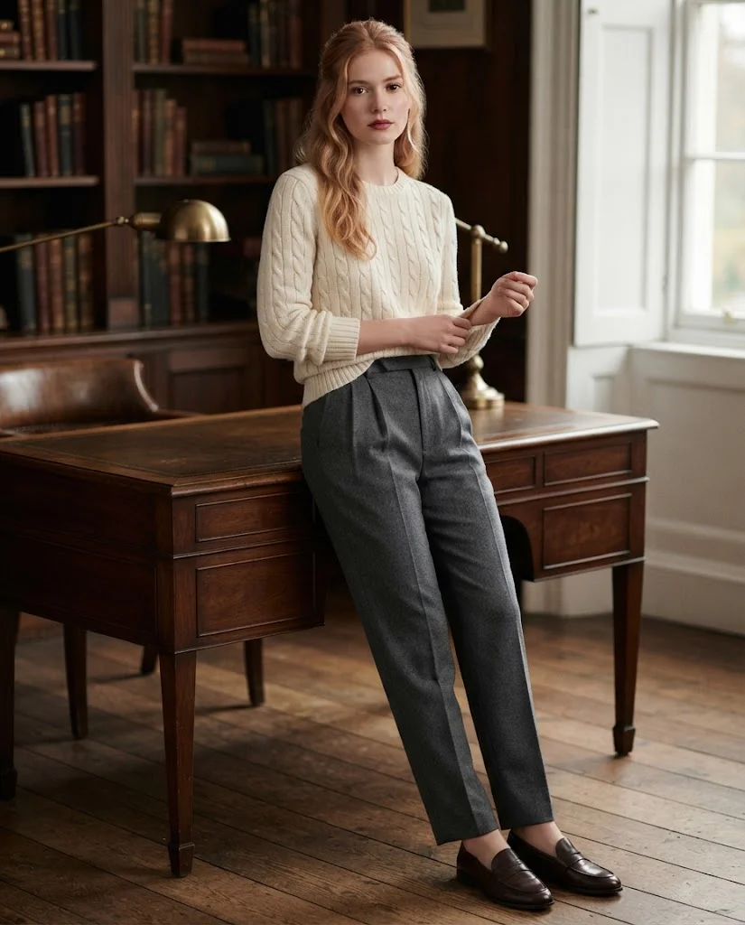 women wearing Cable-Knit Sweater With Pleated Trousers