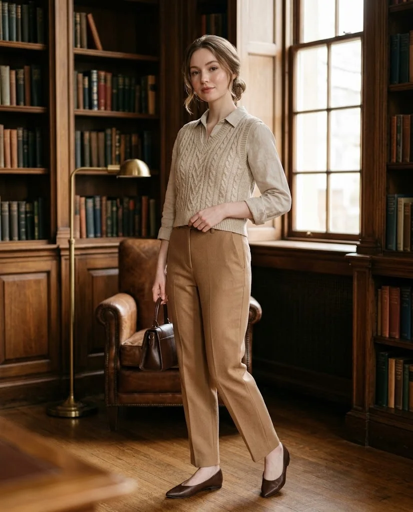 women wearing Cable Vest Over a Buttonless Blouse