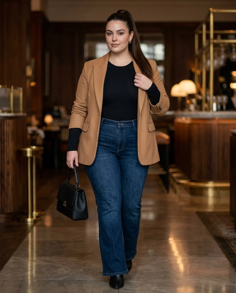 Plus Size Fall Dinner Outfits: 15 Chic Looks for Autumn Evenings 7 Camel Blazer With Black Bodysuit and Flare Jeans Plus Size Fall Dinner Outfit