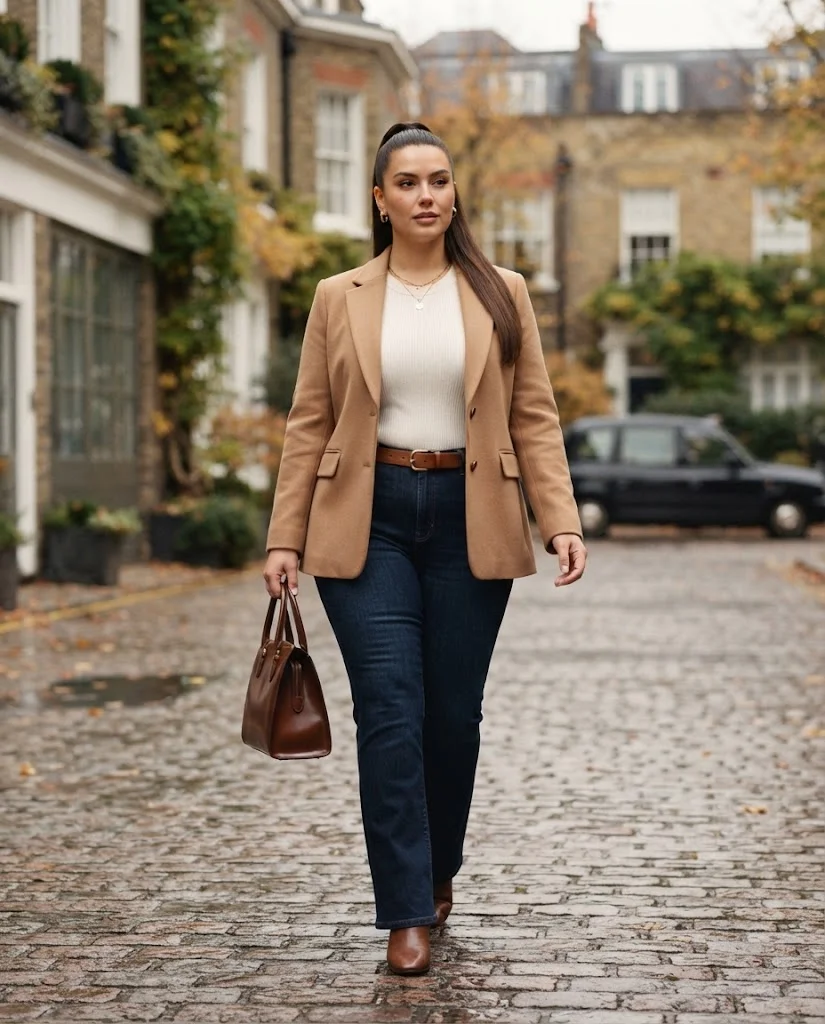 Plus Size Fall Outfits for Women: 15 Stylish Ideas 6 Camel Blazer With Dark Bootcut Jeans, a polished plus size fall outfit for women
