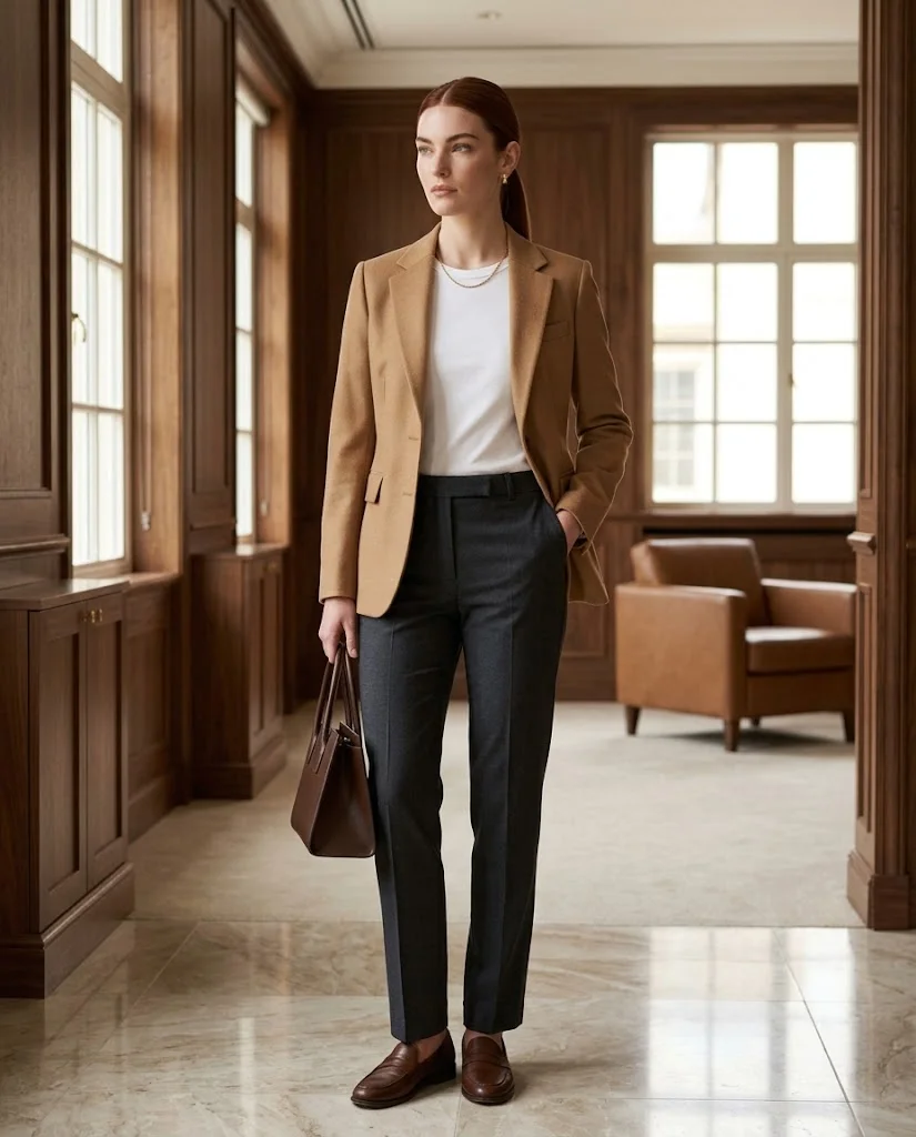 women wearing Camel Blazer With Dark Trousers