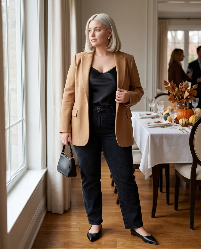Camel Blazer With a Black Satin Camisole and Dark Jeans Plus Size Thanksgiving Outfit