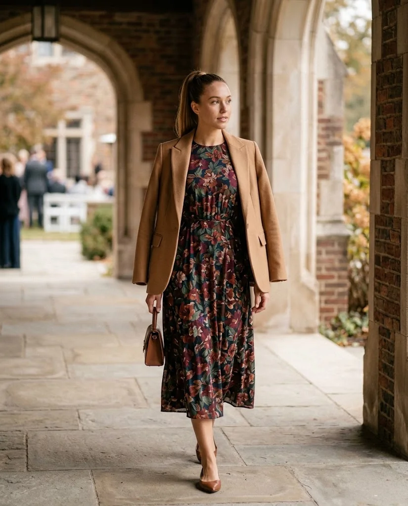 women wearing Camel Blazer With a Floral Midi Dress
