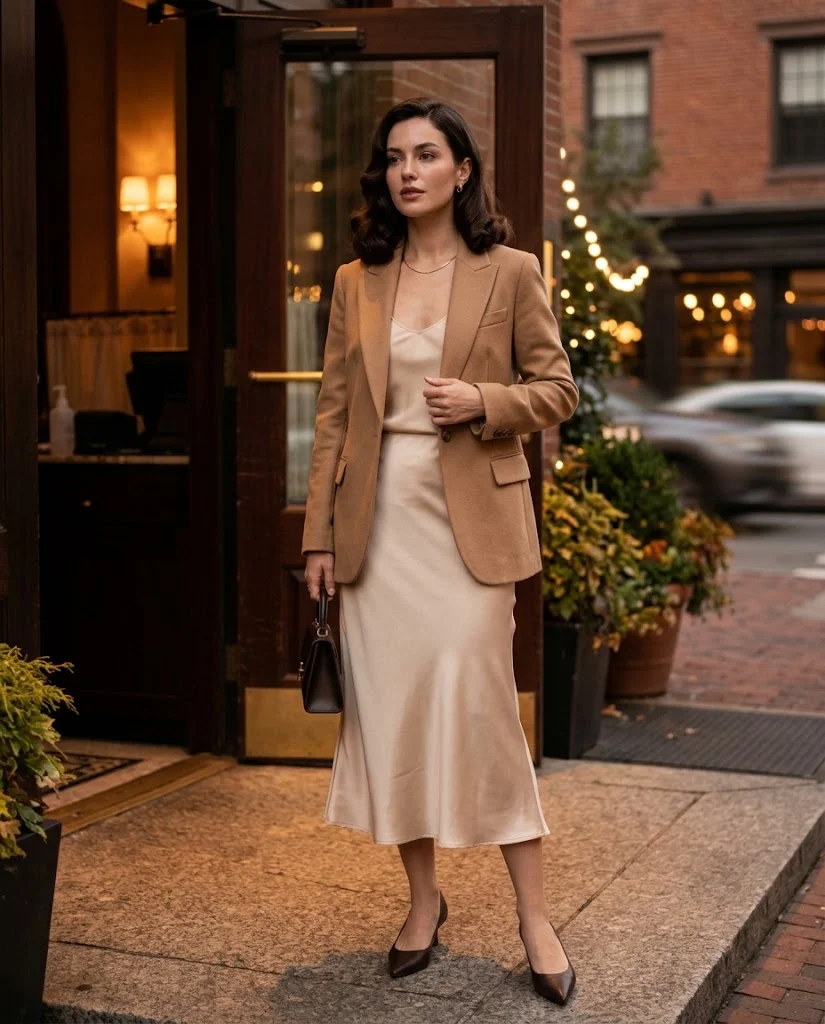 Camel Blazer with a Champagne Satin Midi Skirt, an elegant old money fall dinner outfit for women