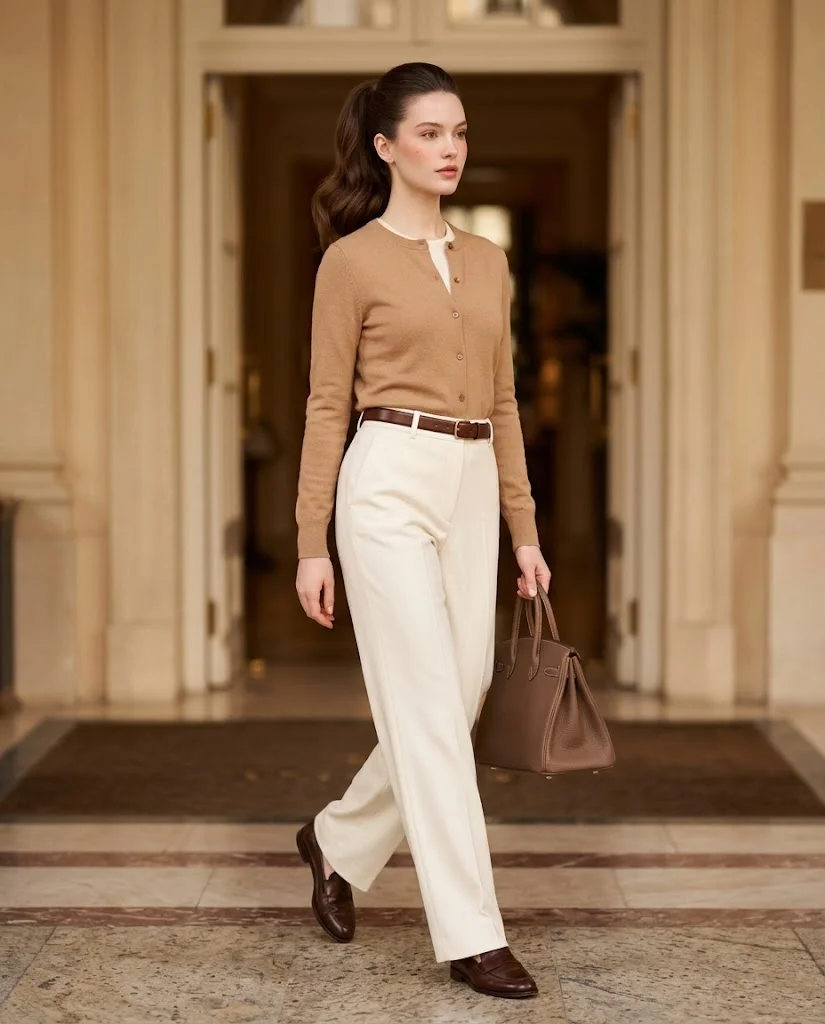 women wearing Camel Cardigan With Ivory Wide-Leg Trousers