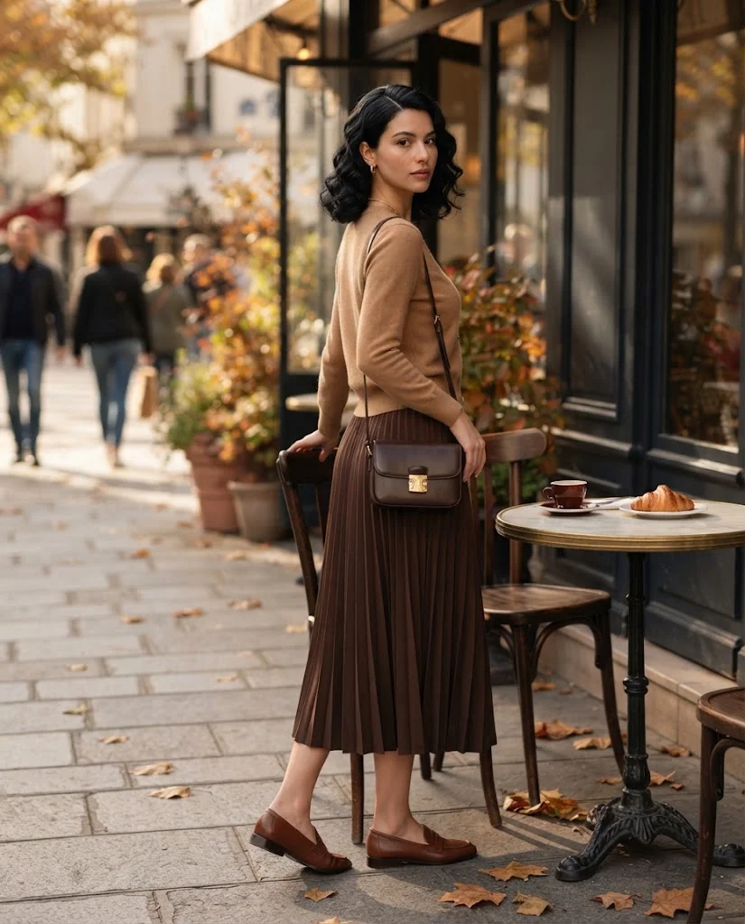 Camel Cardigan with a Chocolate Midi Skirt, an elegant old money fall brunch outfit for women