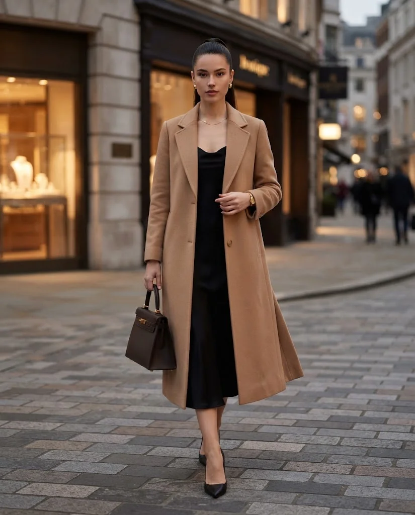 women wearing  Camel Coat Over an Evening Outfit