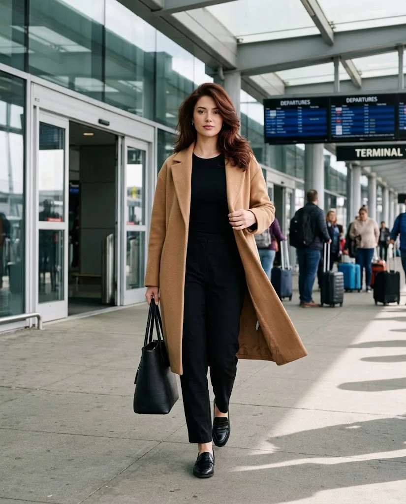 Old Money Airport Outfits: 20+ Chic Travel Looks for Women 22 women wearing Camel Coat With a Simple Black Base