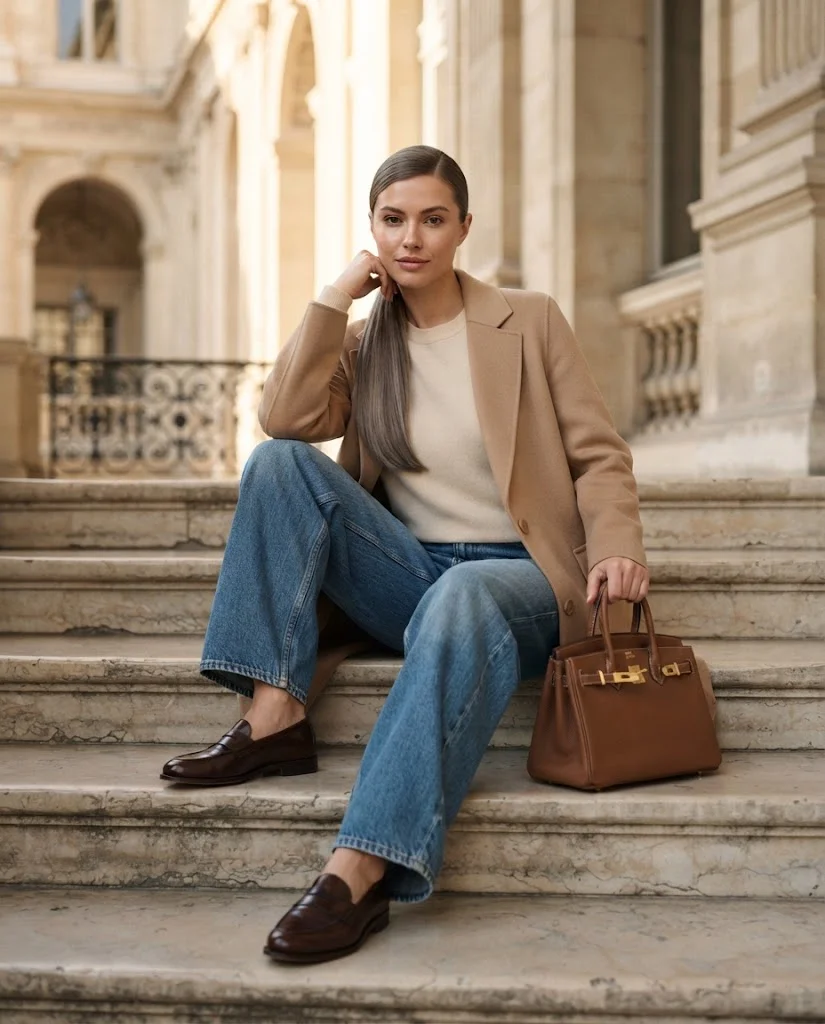 Camel Coat with Baggy Blue Jeans and Fine Knit Sweater, an elegant old money warm-weather fall outfit for women
