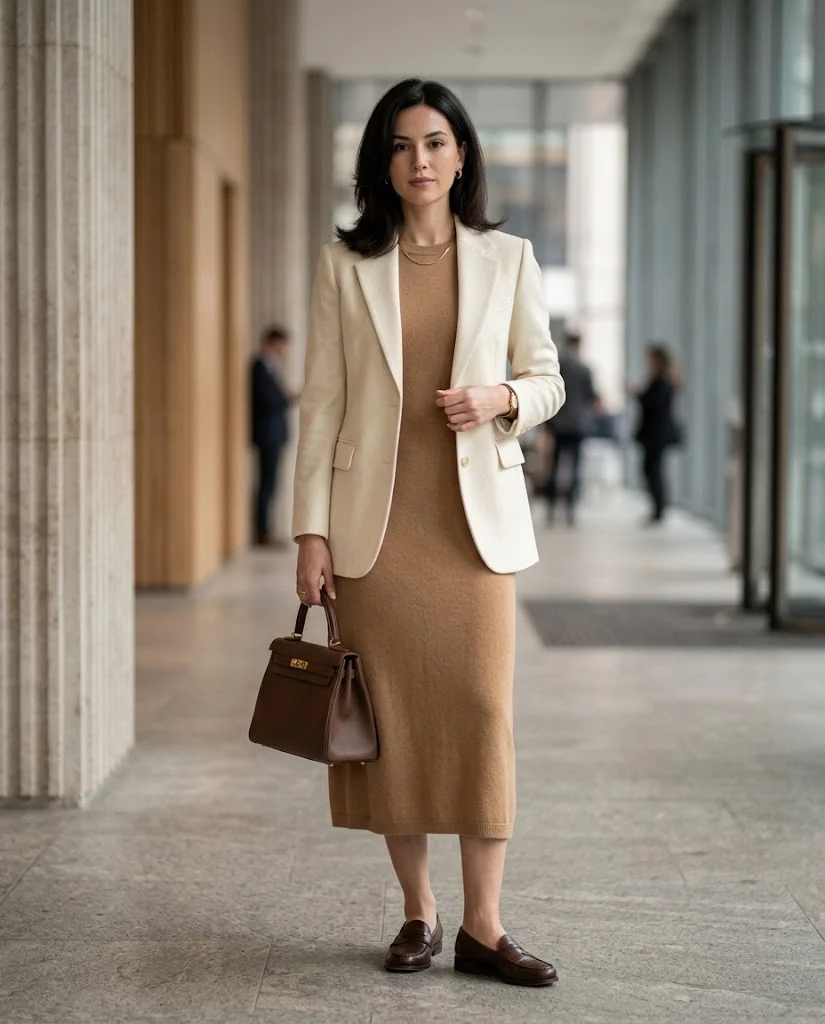 women wearing Camel Knit Dress With Structured Blazer