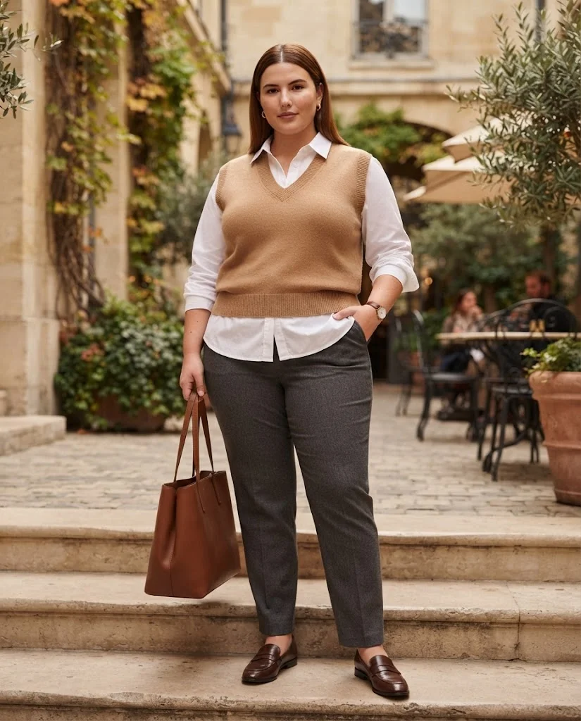 Plus Size Fall Brunch Outfits: Chic Looks for Crisp Autumn Days 8 Camel Knit Vest Over a White Shirt With Tailored Pants Plus Size Fall Brunch Outfit