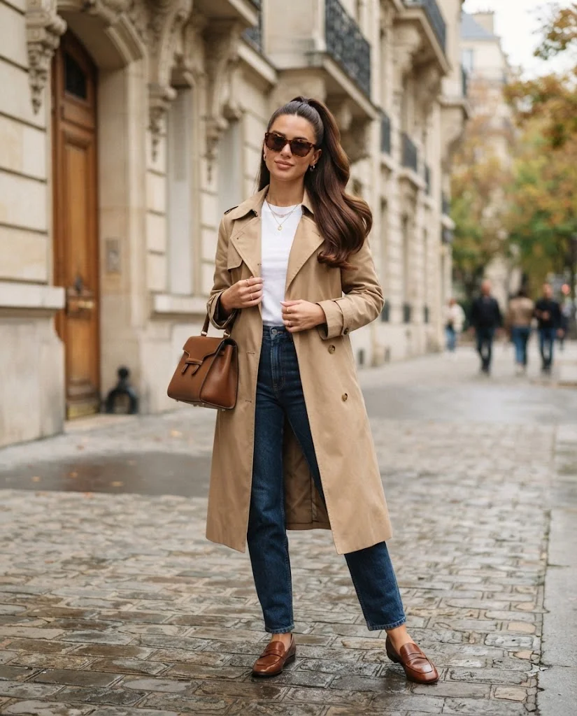 Camel Lightweight Trench Coat with White Tee and Straight-Leg Jeans, an elegant old money warm-weather fall outfit for women
