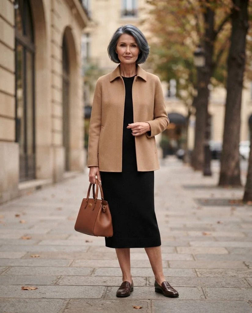 women wearing  Camel Shirt Jacket With a Black Knit Dress