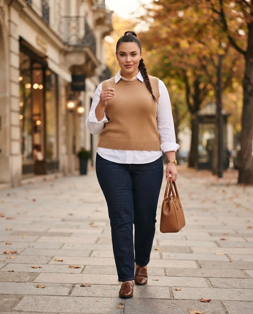 Plus Size Autumn Outfit Ideas for Women: 15 Chic Ideas 10 Camel Sweater Vest With a White Button-Down and Dark Jeans, a polished plus size autumn outfit